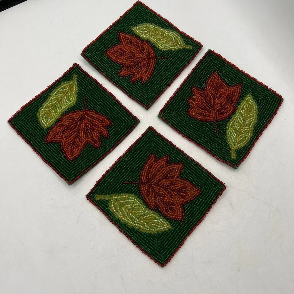 Set of Four Glass Beaded Coasters Fall Leaves Leaf Green Rust Colored